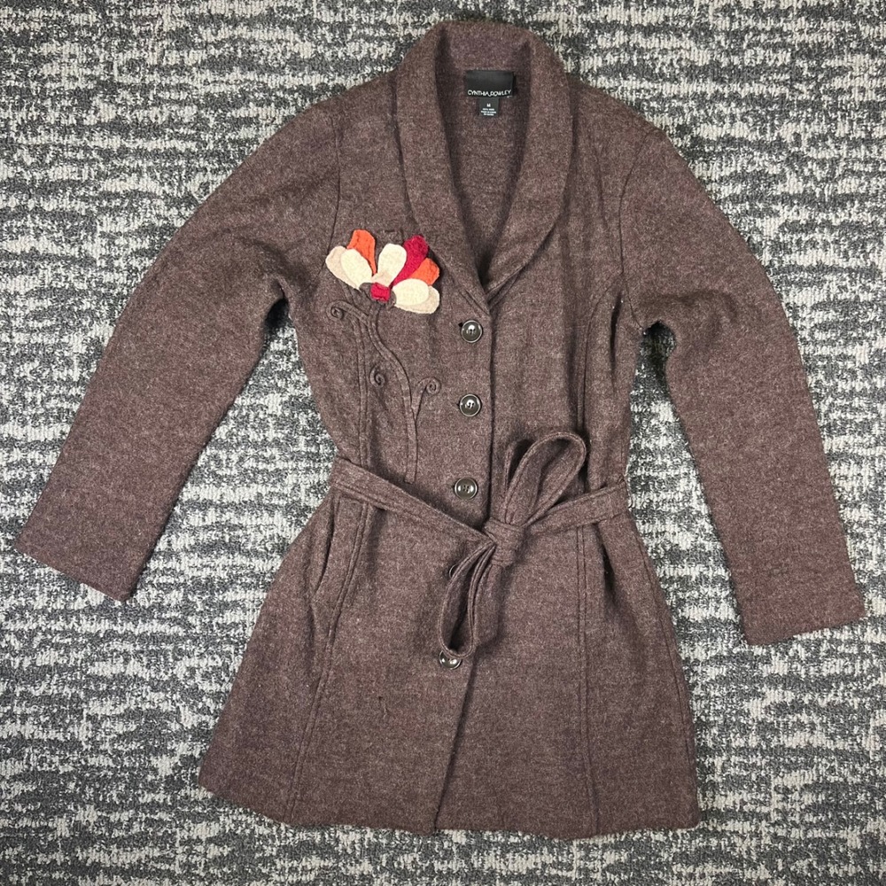 Cynthia Rowley Coat Women M Brown 100% Wool Floral Applique Belted Boho Cardigan